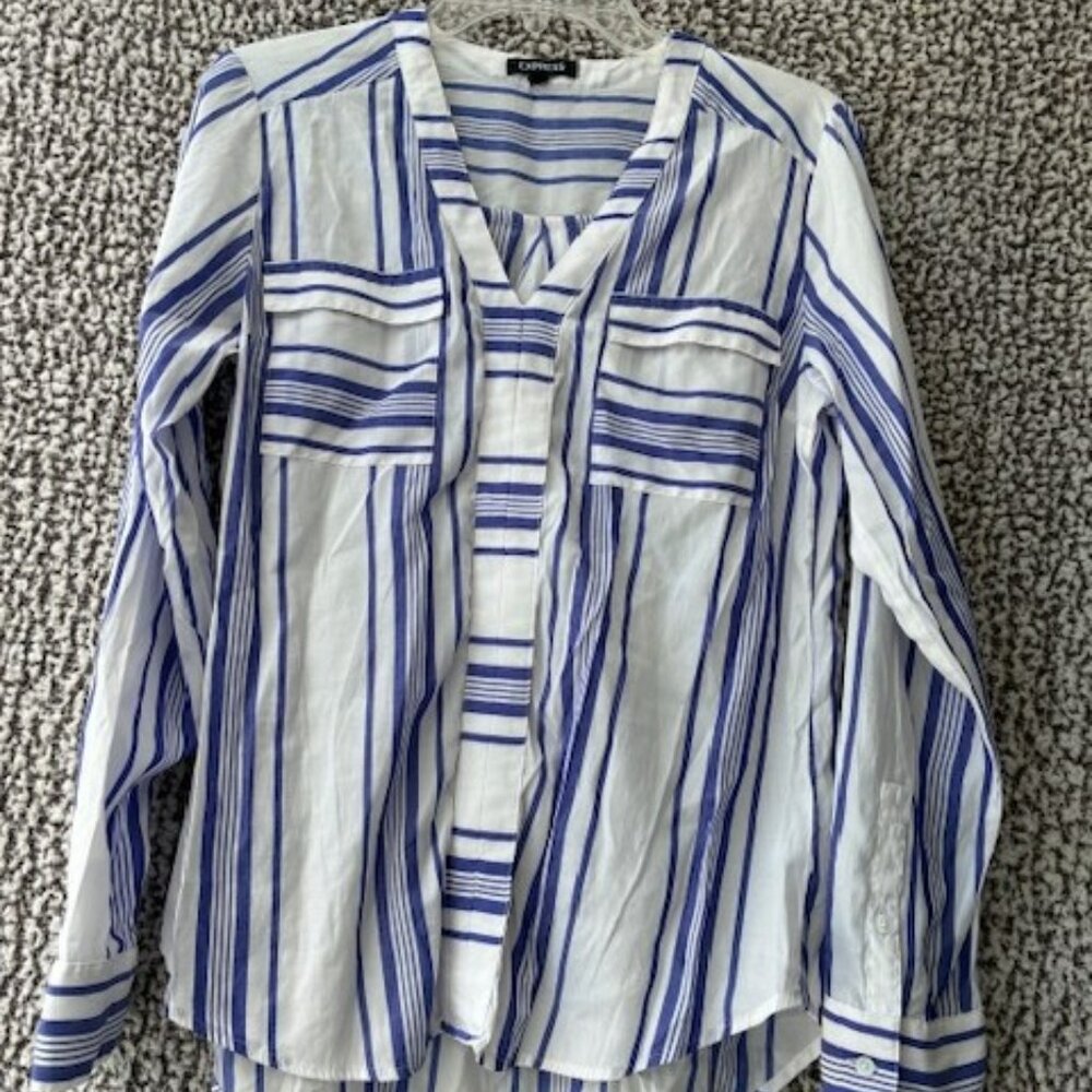 EXPRESS Blue and White Striped Henley Style Shirt